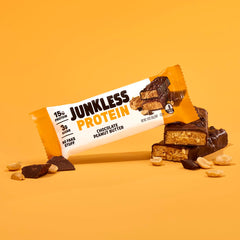 JUNKLESS gluten-free symbol with bar image emphasizes allergen-friendly snack.