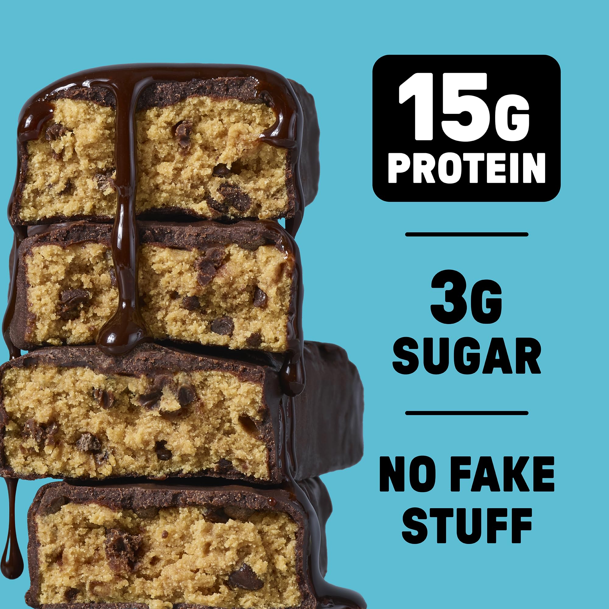 Junkless chocolate chip cookie dough protein bar close up texture with visible chips