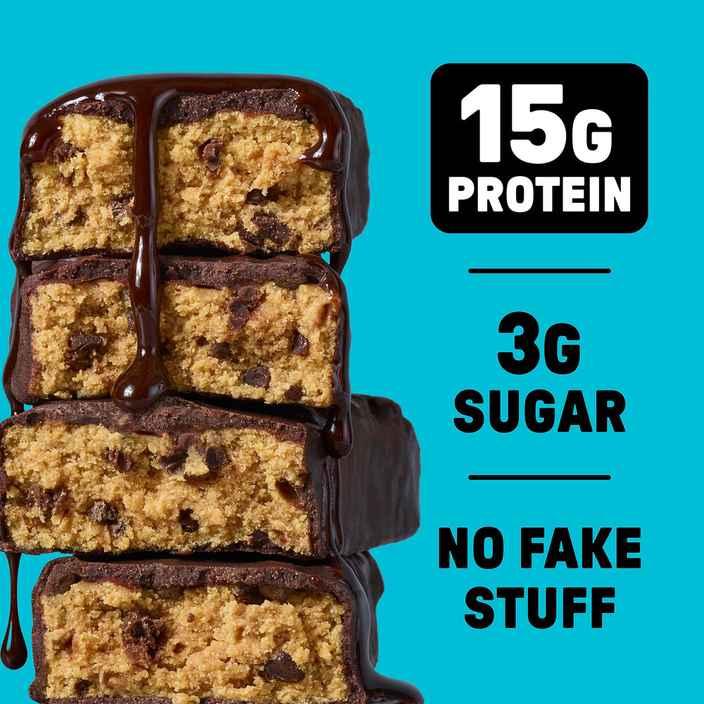 Junkless chocolate chip cookie dough protein bar close up texture with visible chips