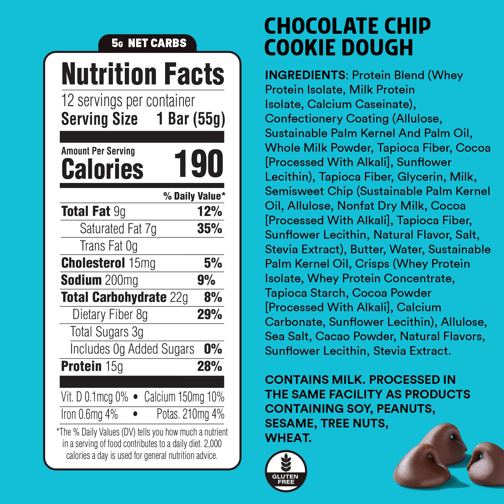 Junkless chocolate chip cookie dough protein bar packaging ideal for on the go snacking