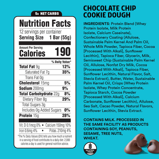 Junkless chocolate chip cookie dough protein bar packaging ideal for on the go snacking