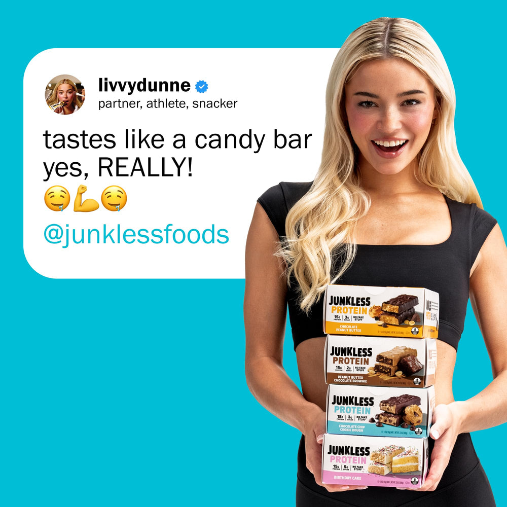 Close up of Junkless chocolate chip cookie dough bar on shelf for grab and go snack
