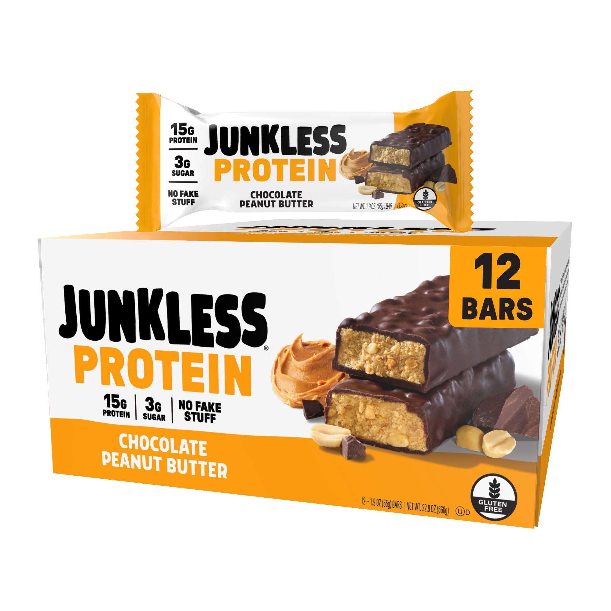 JUNKLESS protein bars packaging, showcasing bold branding and convenient 12-bar box for busy days.