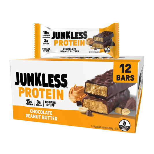 JUNKLESS protein bars packaging, showcasing bold branding and convenient 12-bar box for busy days.