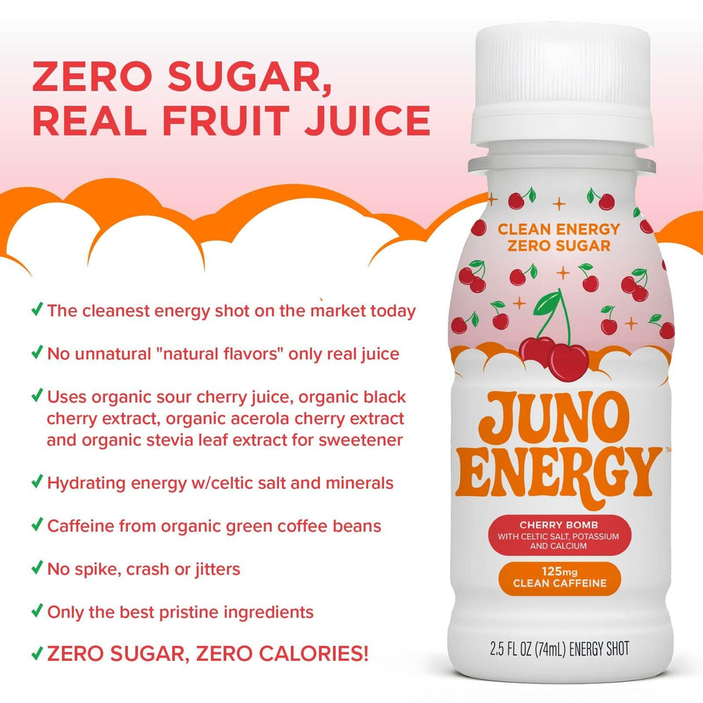 JUNO Energy Shot packaging closeup reveals BPA-free PET packaging.