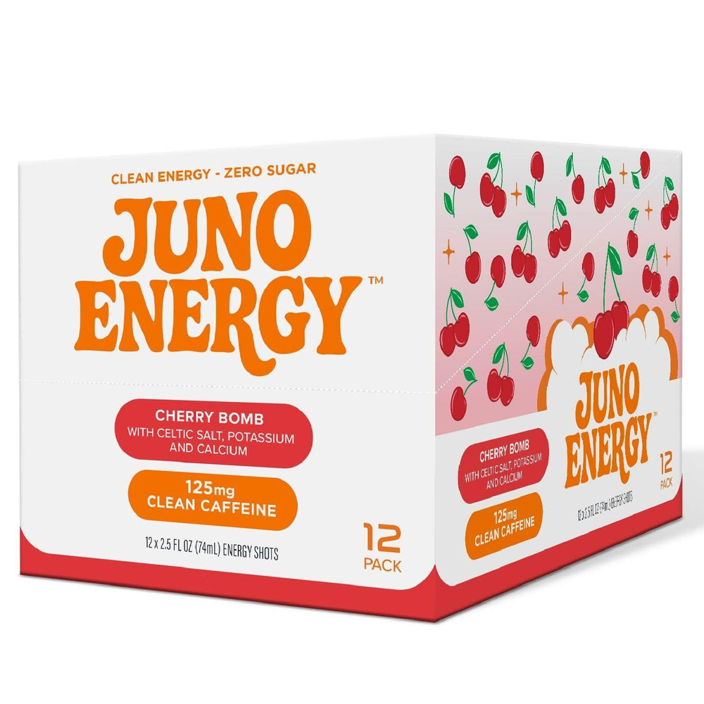 JUNO Energy Shot gluten-free vegan packaging display.