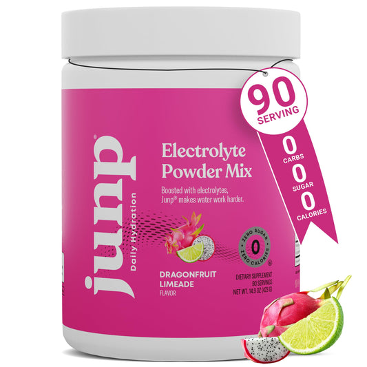 JUNP dragonfruit limeade powder tub highlighting tropical flavor and hydration potential.