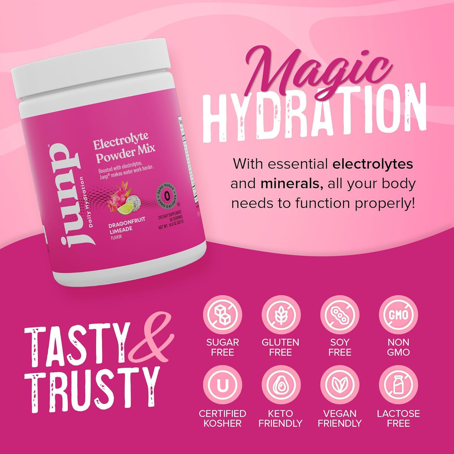 JUNP electrolyte bottle close-up highlighting zero sugar formula