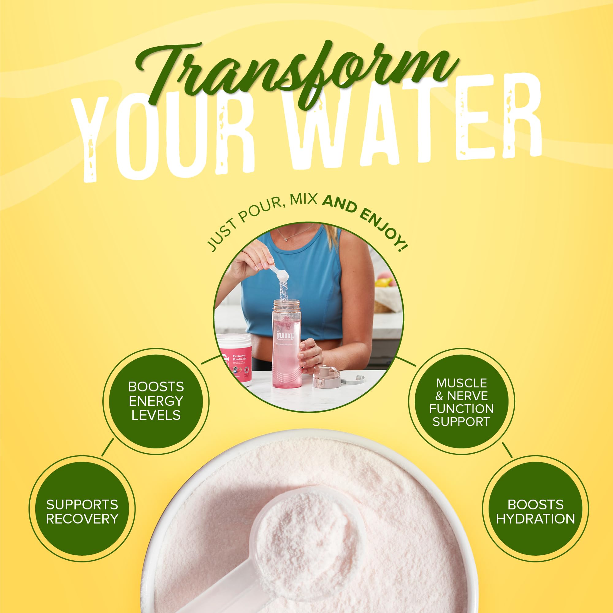 JUNP Electrolytes Lemonade with a convenient scoop for on-the-go hydration