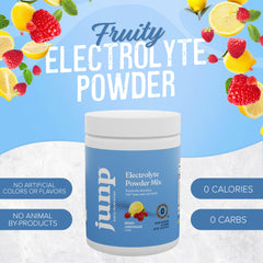 JUNP electrolyte powder tub showing keto-friendly, zero sugar formula