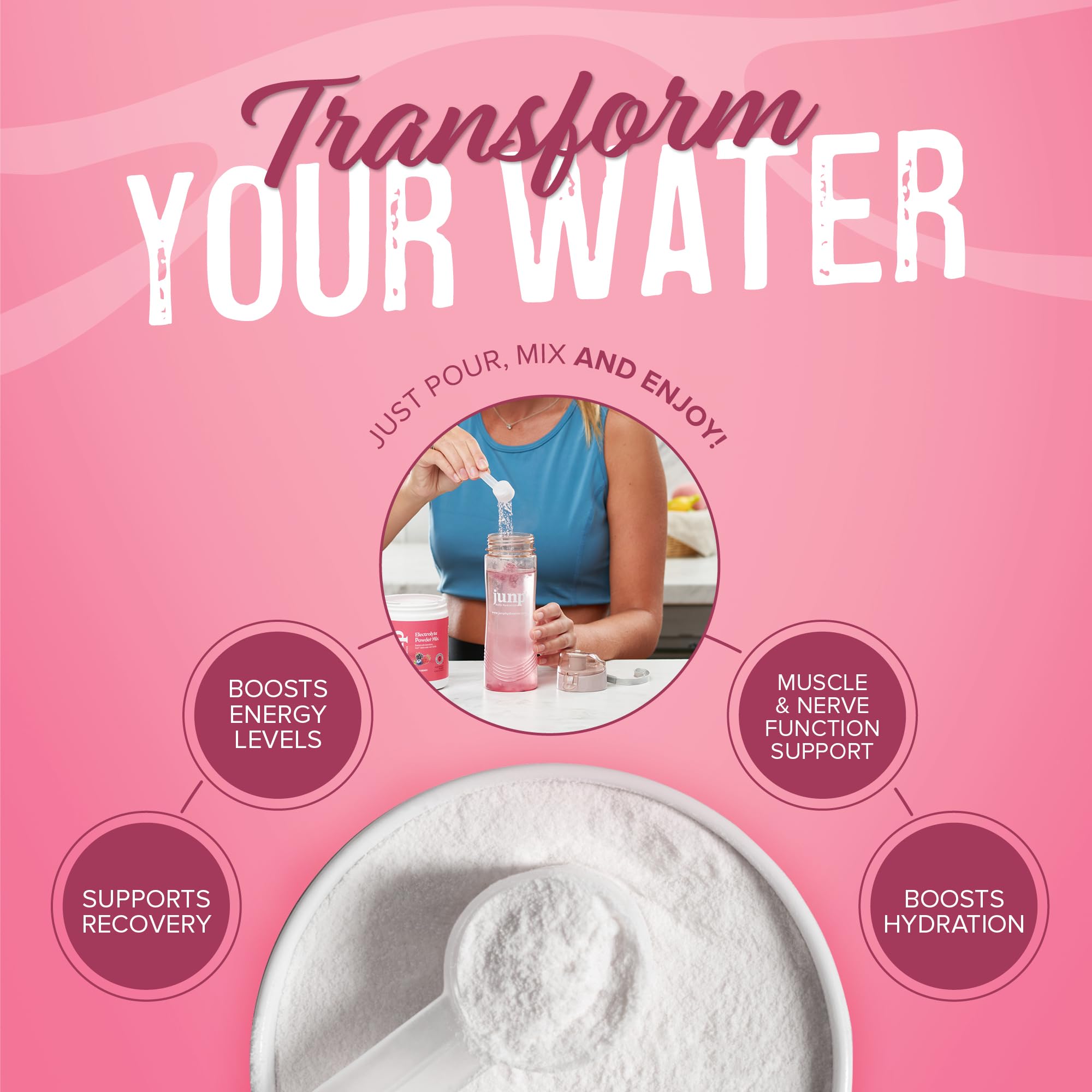 JUNP grape electrolyte powder in a glass of water for refreshing hydration