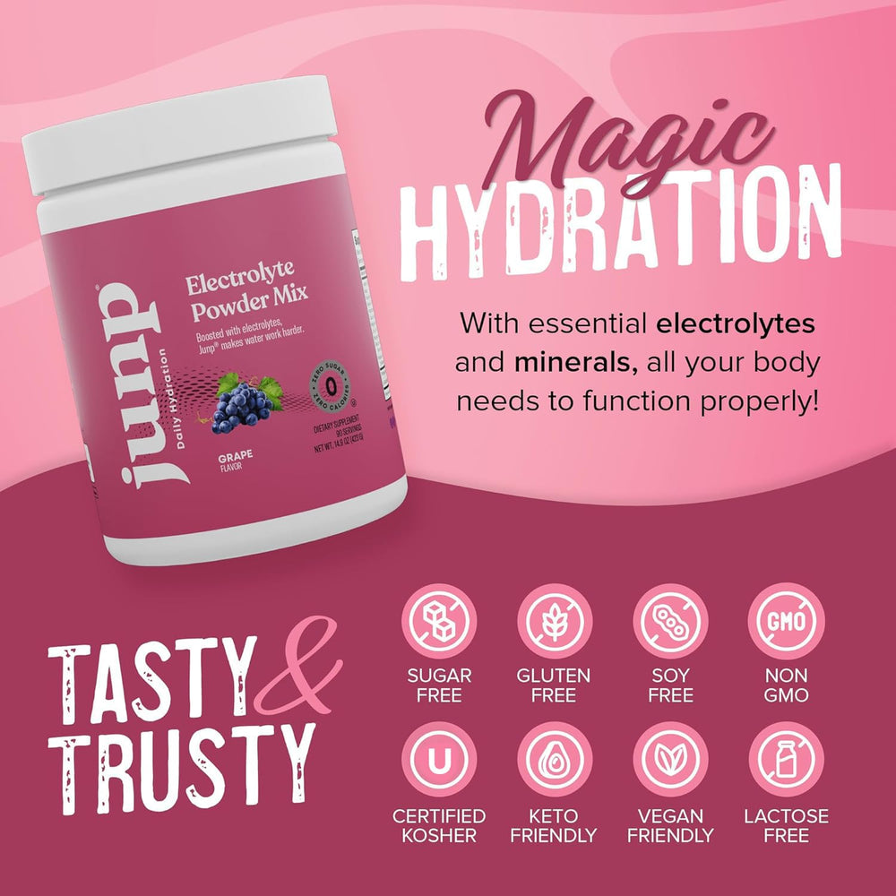 JUNP grape electrolyte packaging highlights zero calories and keto compatibility