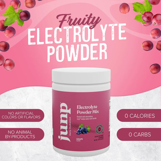 JUNP grape electrolyte powder scoop showing easy measuring and quick mixing