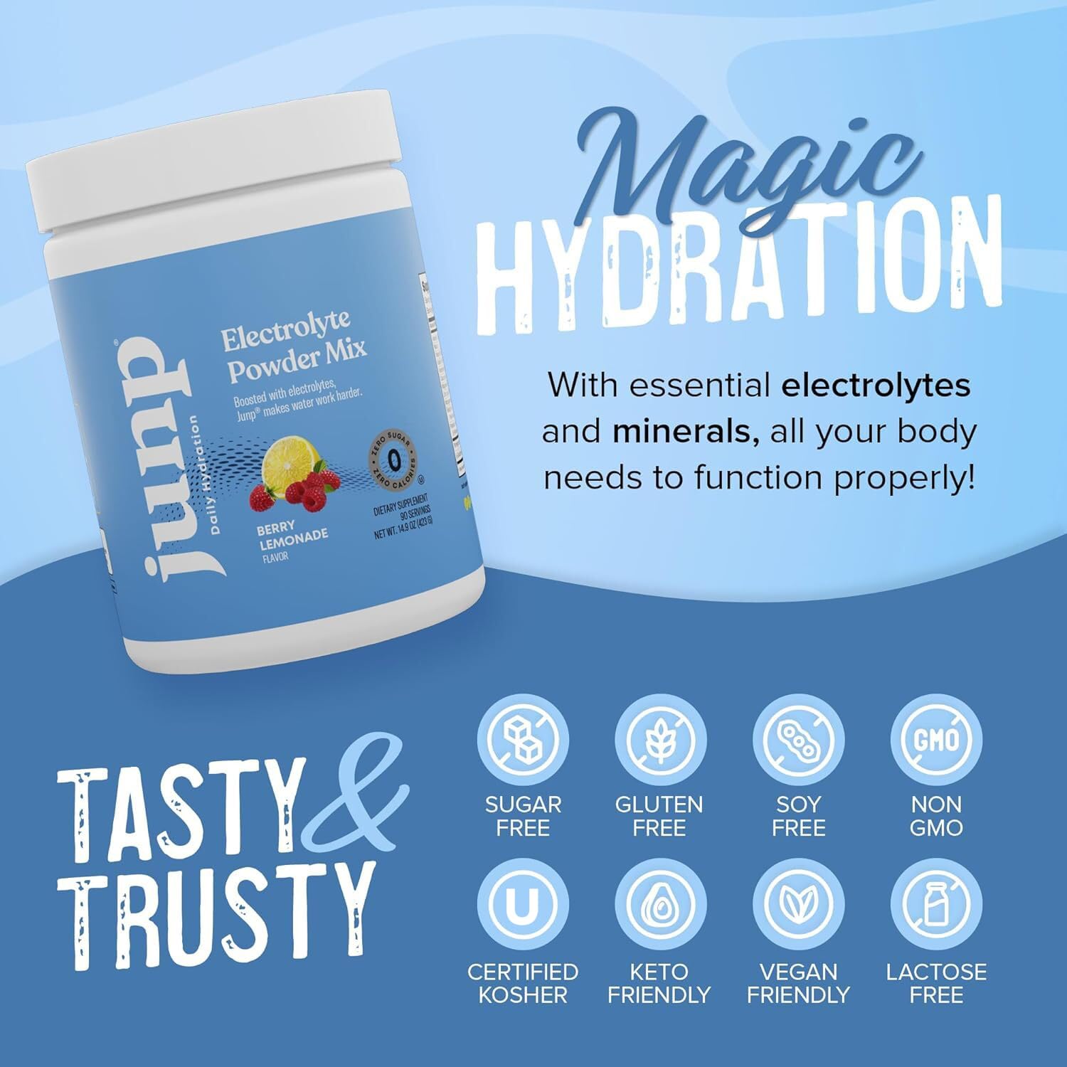 Label close-up on JUNP electrolyte powder showing ingredients