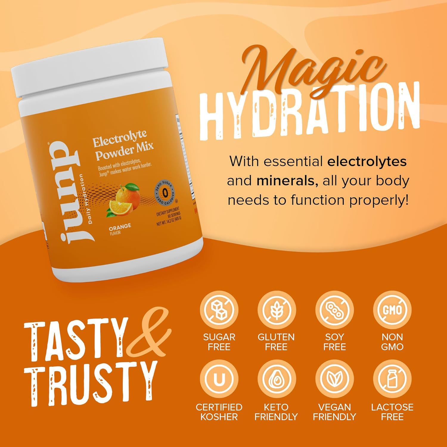 JUNP electrolyte powder with kosher and vegan certifications.