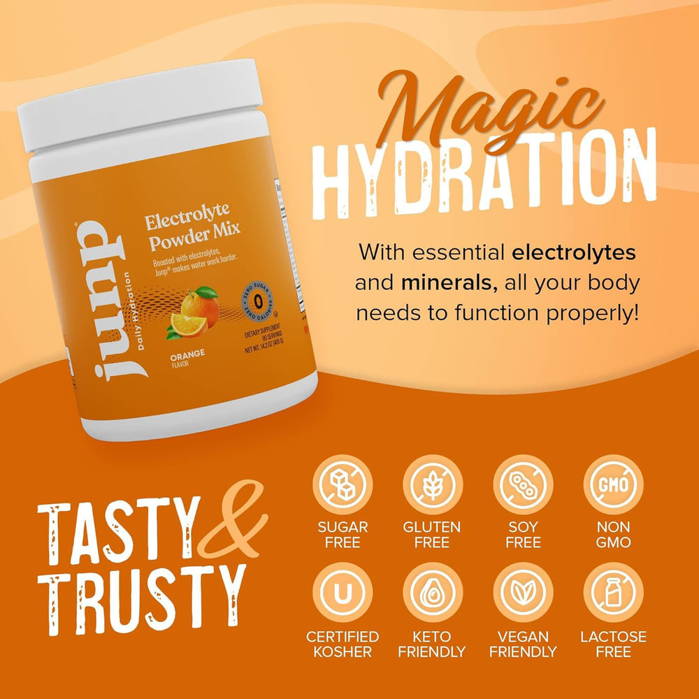 JUNP electrolyte powder with kosher and vegan certifications.