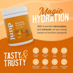 JUNP electrolyte powder with kosher and vegan certifications.