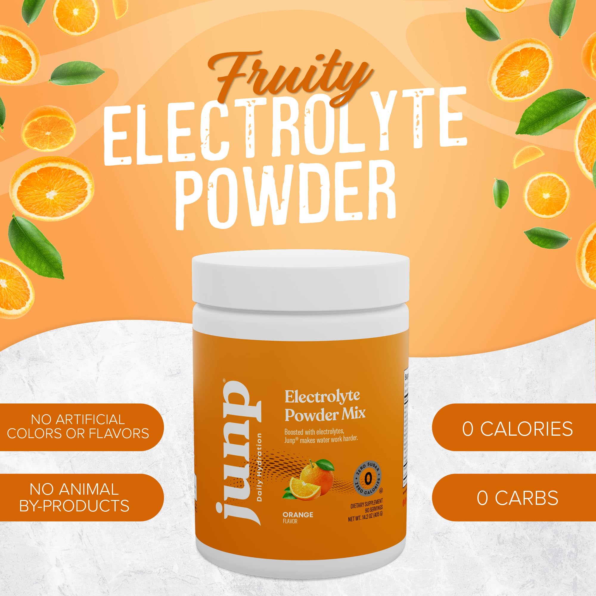 Scoop of JUNP orange electrolyte powder for quick, flavorful hydration.