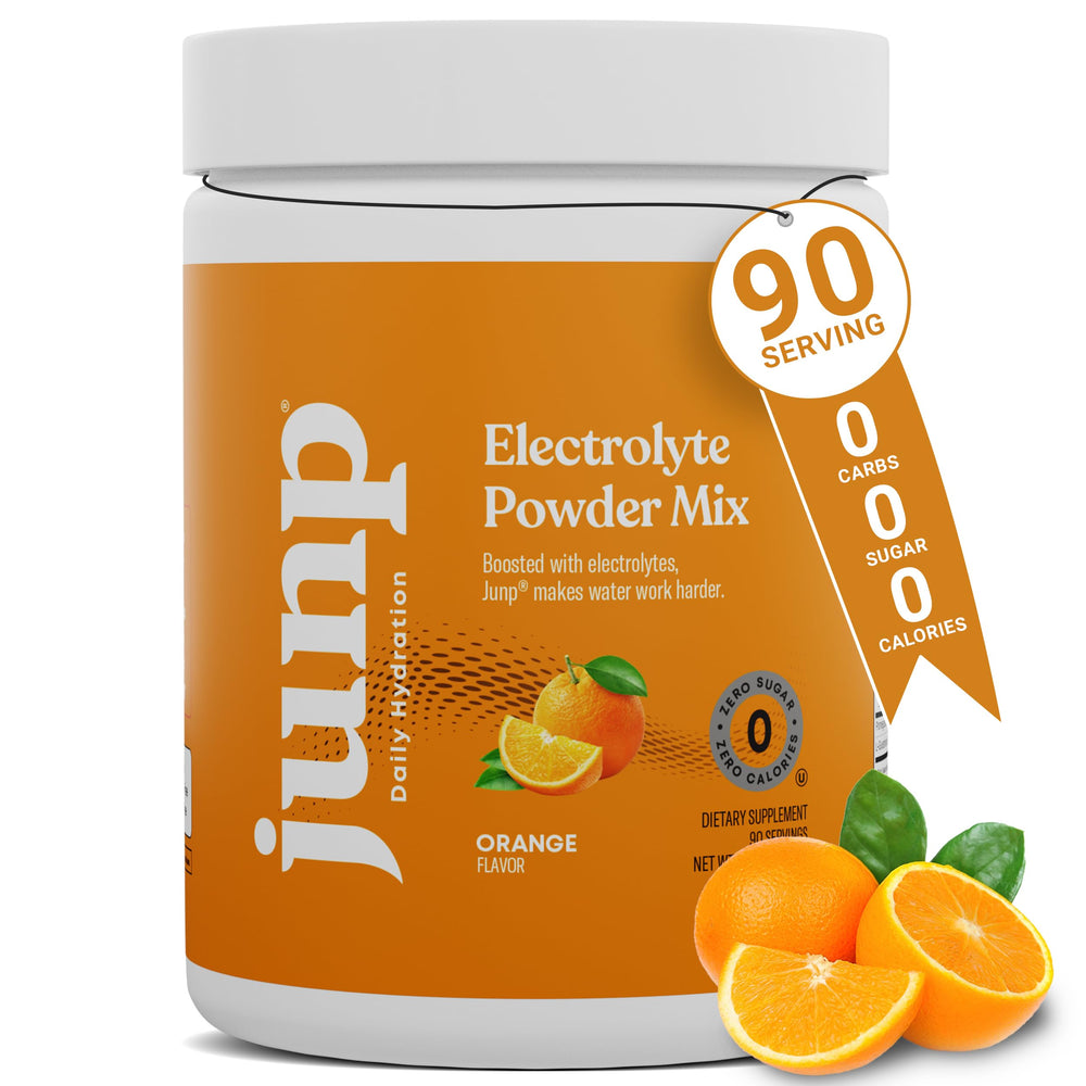 JUNP electrolytes powder orange tub shows zero calories and keto-friendly formula.