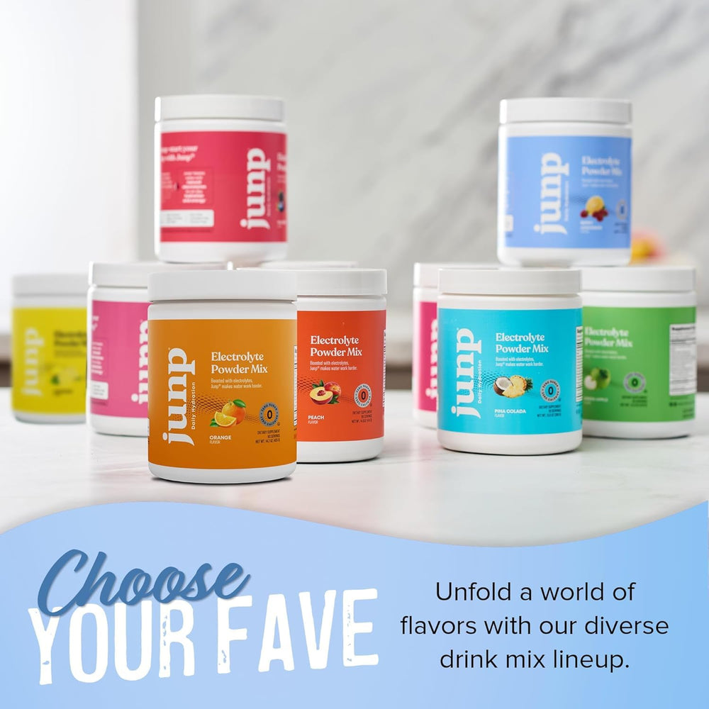 Travel-ready JUNP electrolyte powder tub in compact packaging.