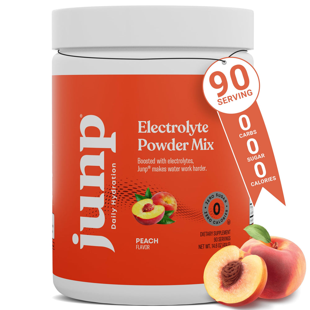 JUNP Peach electrolyte powder bottle for sugar-free hydration.