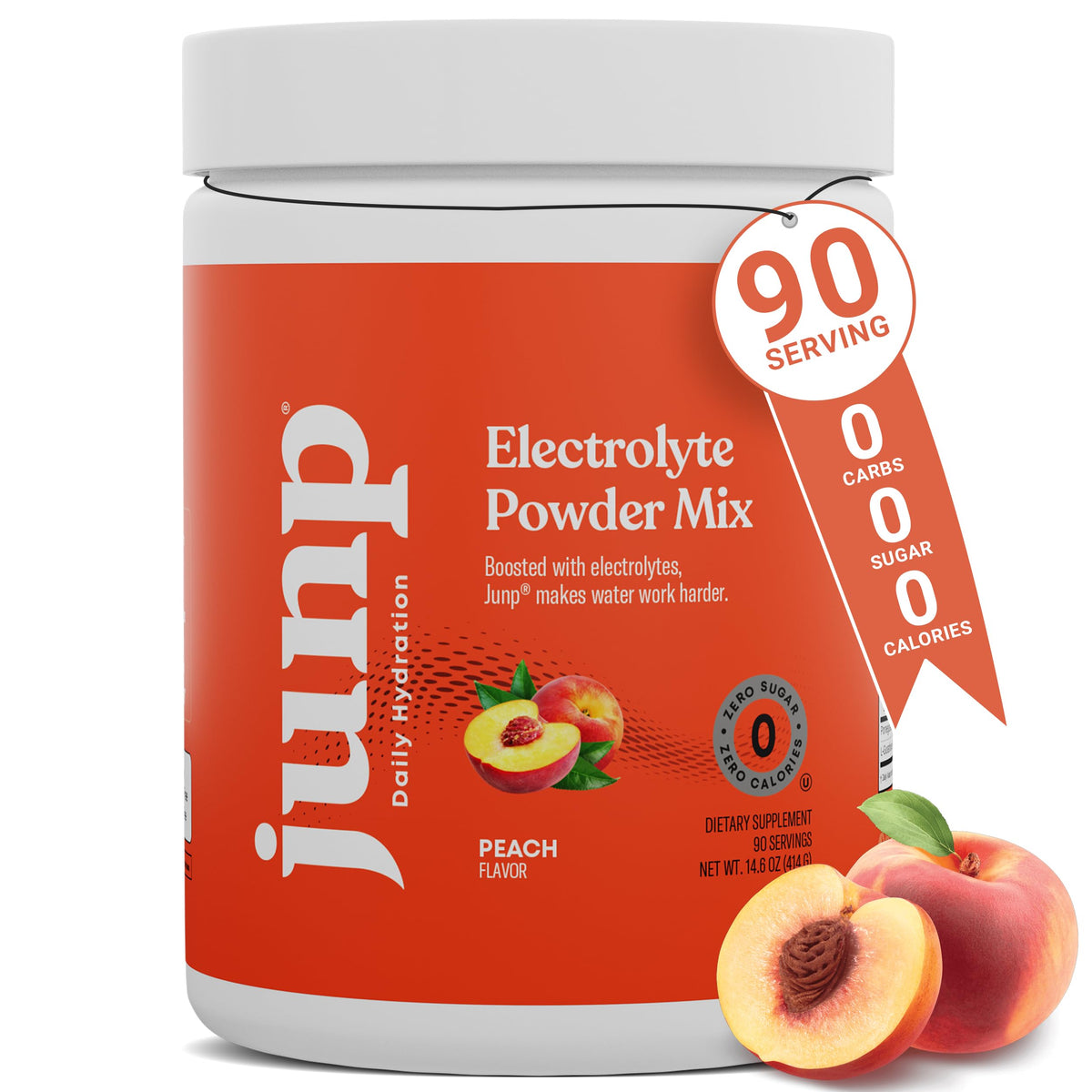 JUNP Peach electrolyte powder bottle for sugar-free hydration.
