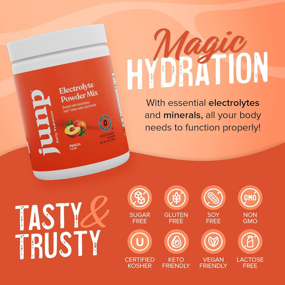 Kitchen setup with JUNP Peach electrolyte powder and measuring scoop for everyday hydration.