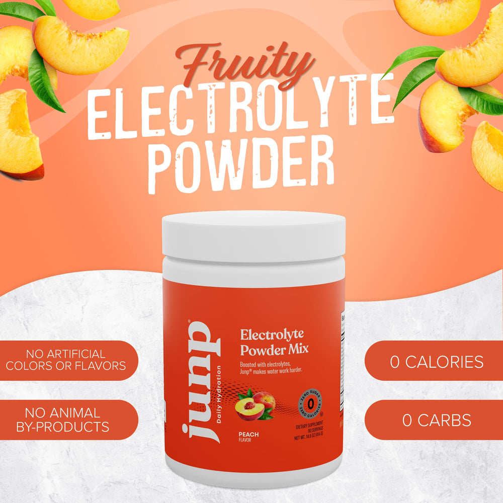 JUNP Peach electrolyte powder box highlighting vegan, kosher, and non-GMO formula.