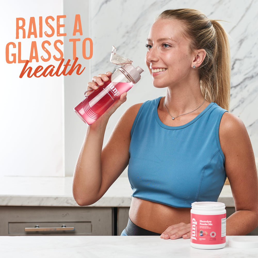 Retail store display of JUNP Peach electrolyte powder emphasizing zero sugar and zero carbs.