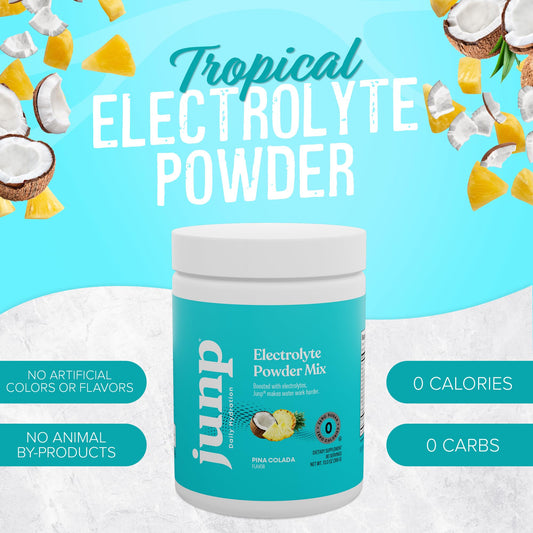 JUNP Pina Colada powder jar displays keto-friendly electrolytes for workouts