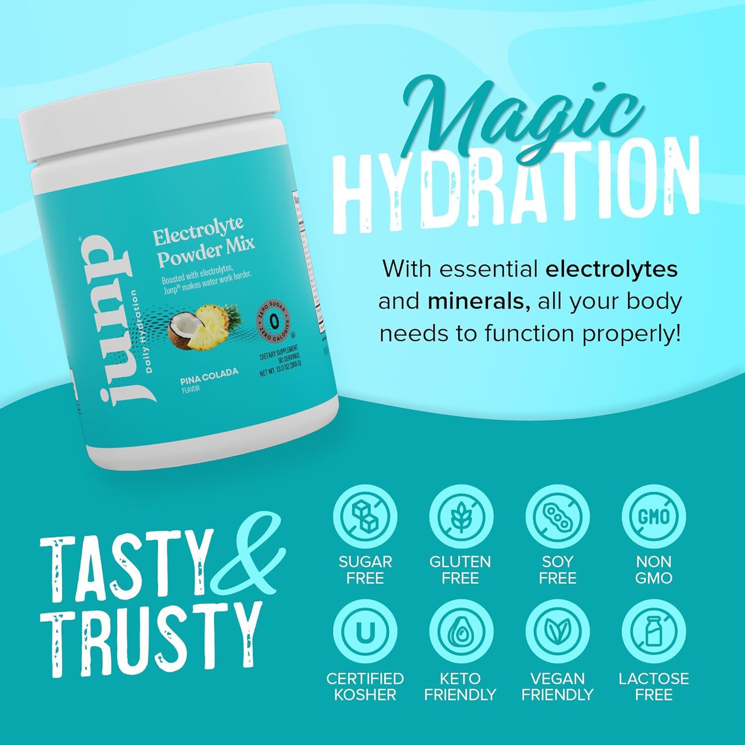 JUNP zero-calorie-sugar-free bottle hints at guilt-free refreshment.