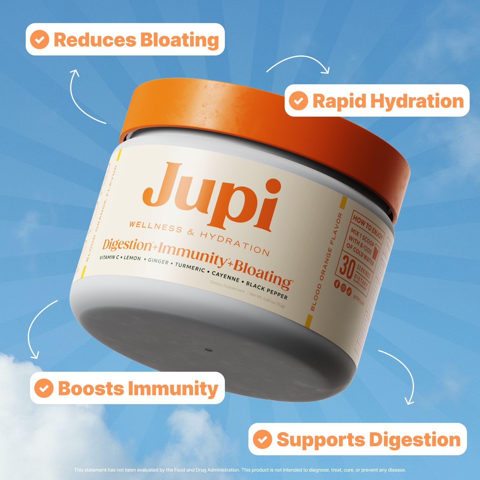 Jupi Wellness powder tub highlighting clean organic formula