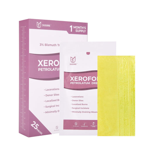JUSORE Xeroform 5x9 dressing on skin, non-adhesive comfort for wound care.