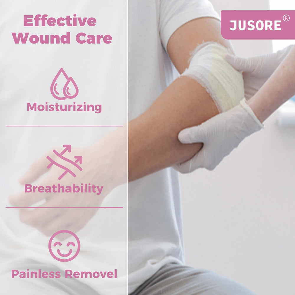 JUSORE Xeroform non-adhesive gauze maintains moist wound environment.