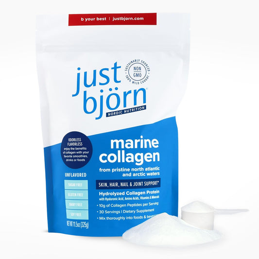 Just Björn marine collagen bottle shown for easy daily dosing and skincare support.