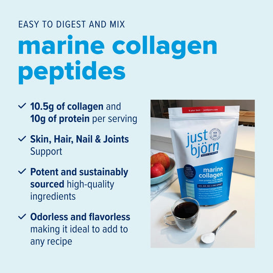 Just Björn collagen powder scoop demonstrates convenient serving size for smoothies.