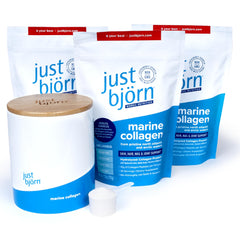 Just Björn Marine Collagen Powder tub, unflavored and easy to mix into shakes for daily use.
