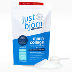 Just Björn marine collagen tub front highlighting sustainable sourcing.