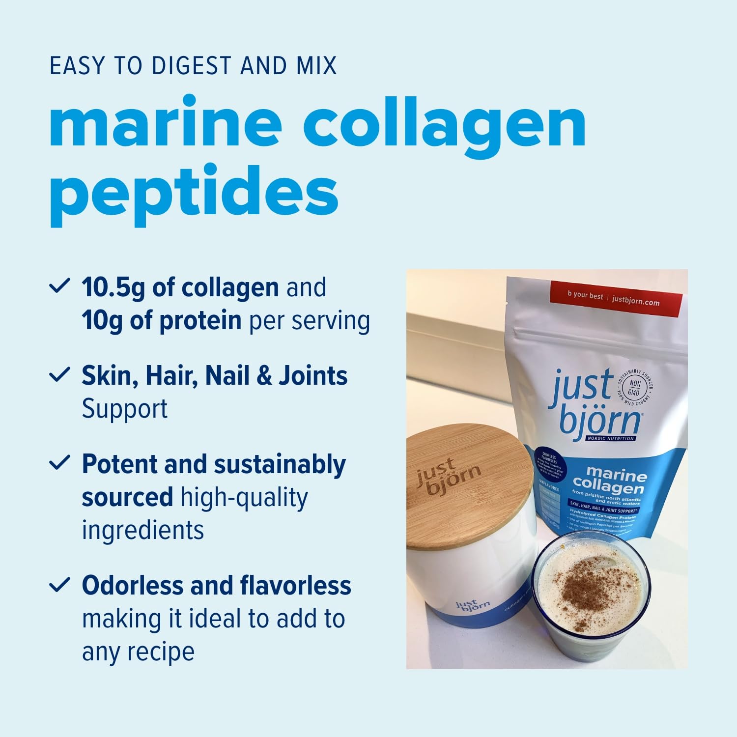 Just Björn Marine Collagen Peptides scoop dissolving in water for quick hydration.