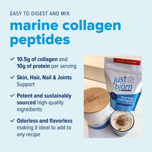 Just Björn Marine Collagen Peptides scoop dissolving in water for quick hydration.