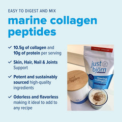 Just Björn Marine Collagen Peptides scoop dissolving in water for quick hydration.