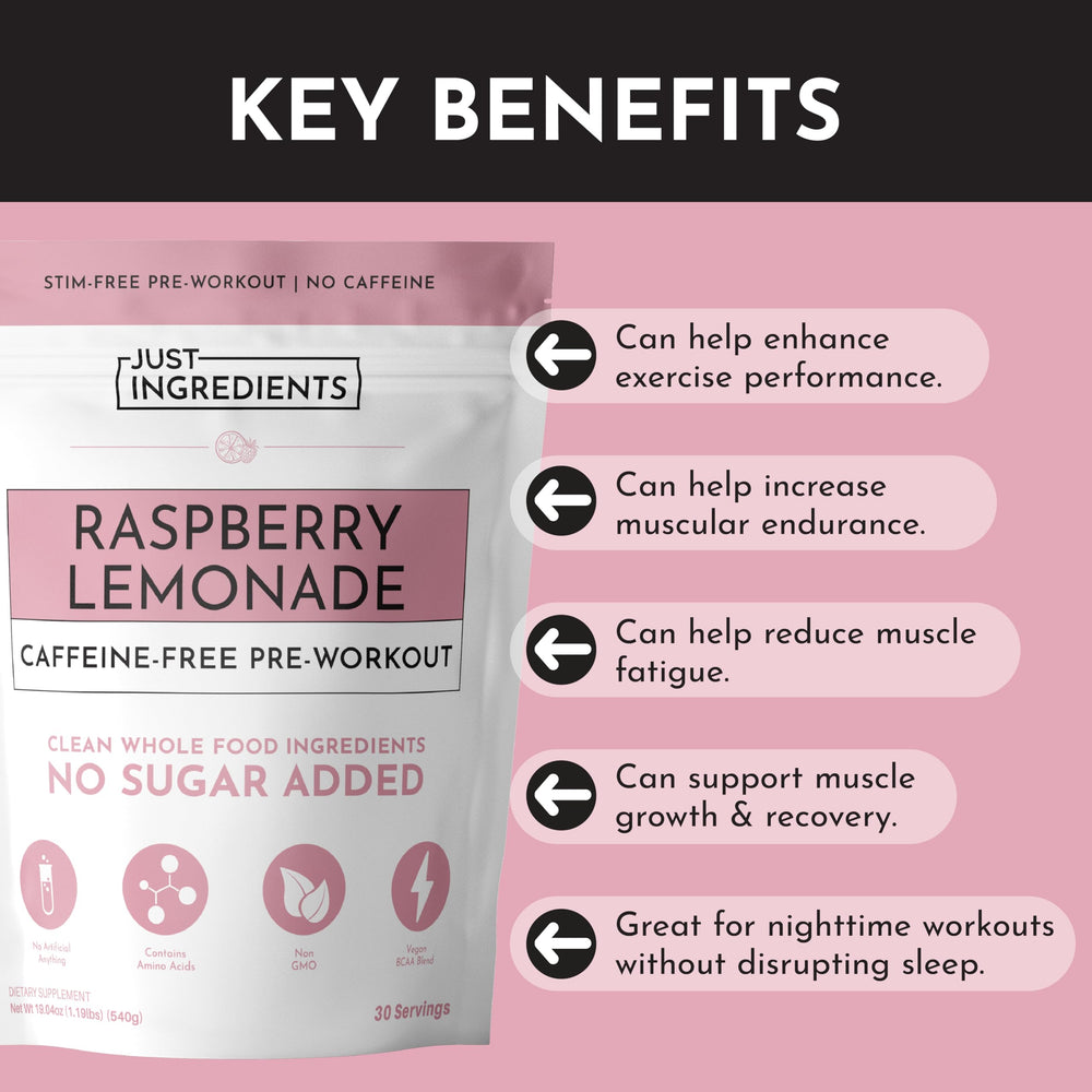 JUST INGREDIENTS BCAA raspberry lemonade powder highlights muscle recovery potential