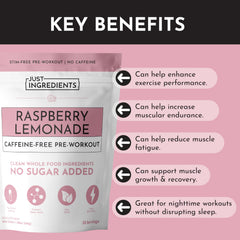 JUST INGREDIENTS BCAA raspberry lemonade powder highlights muscle recovery potential