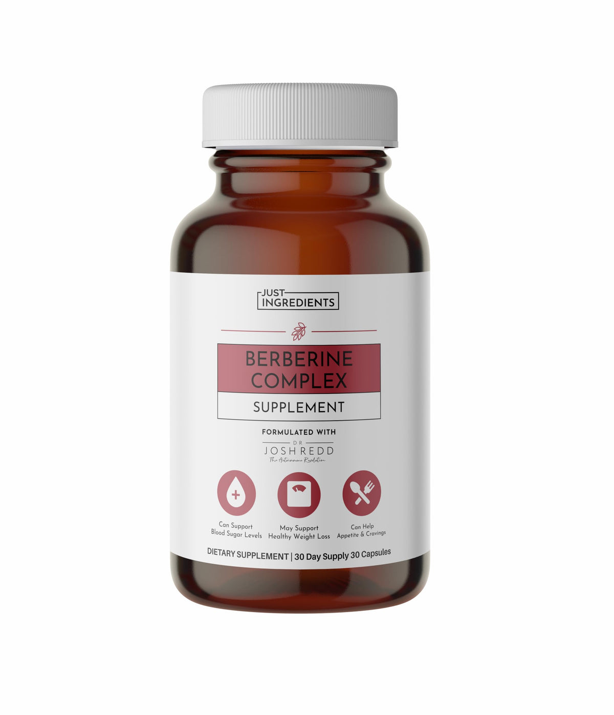 JUST INGREDIENTS Berberine bottle with capsules showing daily metabolic support potential