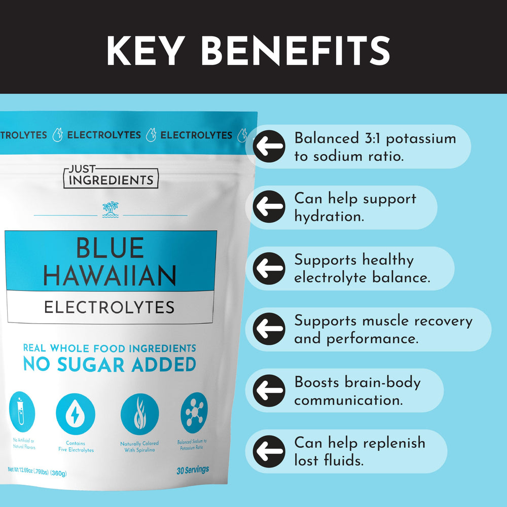 JUST INGREDIENTS Blue Hawaiian Electrolytes blue spirulina detail signals natural color from botanicals.