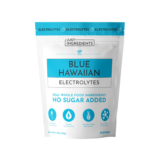 JUST INGREDIENTS Blue Hawaiian Electrolytes bottle pour for quick tropical hydration on the go.