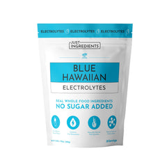 JUST INGREDIENTS Blue Hawaiian Electrolytes bottle pour for quick tropical hydration on the go.