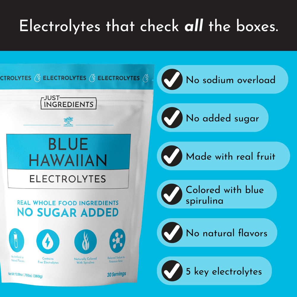 JUST INGREDIENTS Blue Hawaiian Electrolytes ingredients label shows clean, real-food formula.