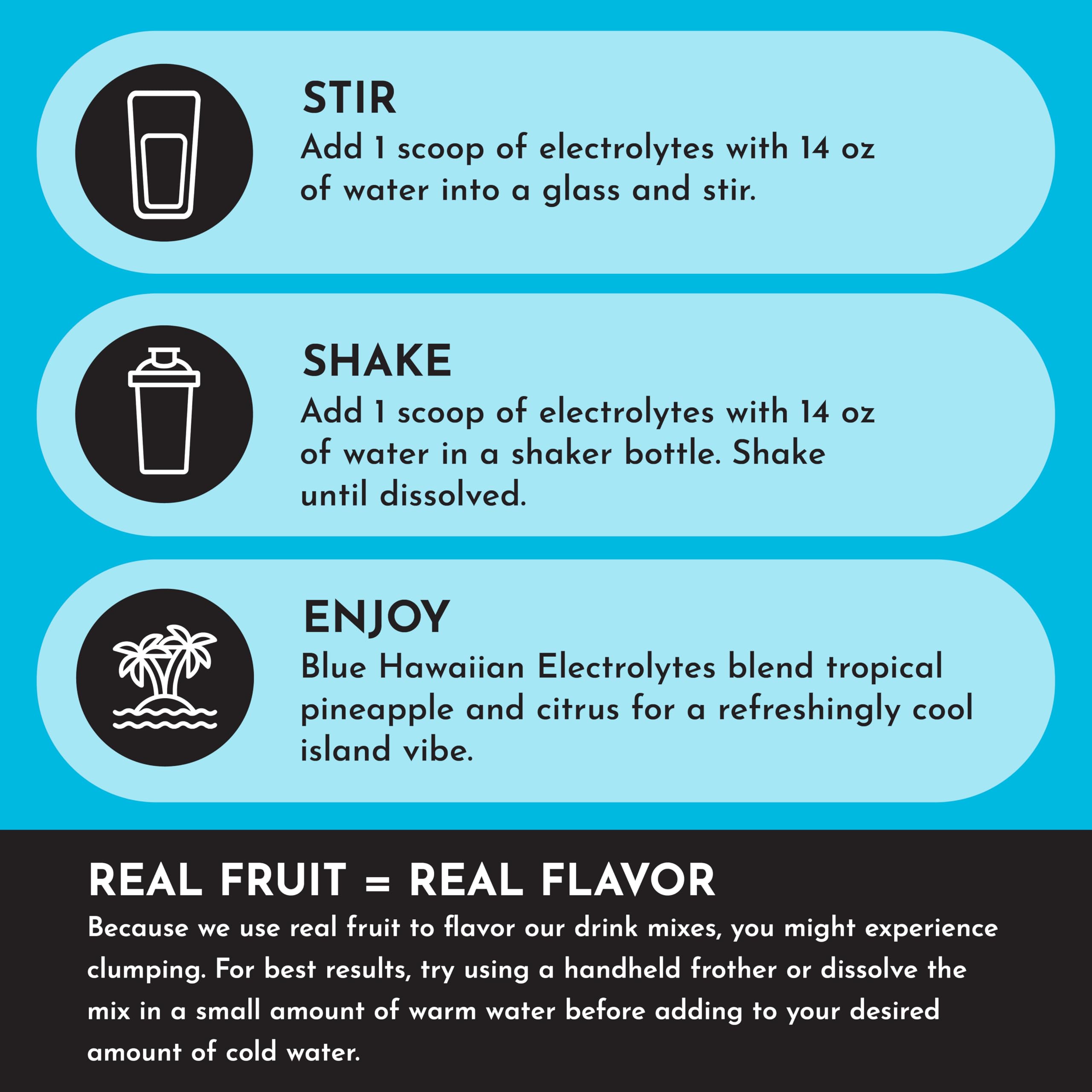 JUST INGREDIENTS Blue Hawaiian Electrolytes organic coconut water base supports electrolyte intake.
