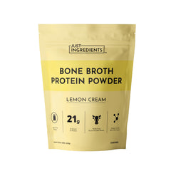 JUST INGREDIENTS Bone Broth Protein Lemon Cream bottle highlights dairy-free, real-food ingredients.